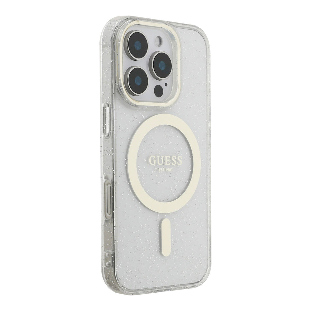 Transparant Guess telefoonhoesje met glitters en lichtgekleurde ring, vanaf de andere zijkant