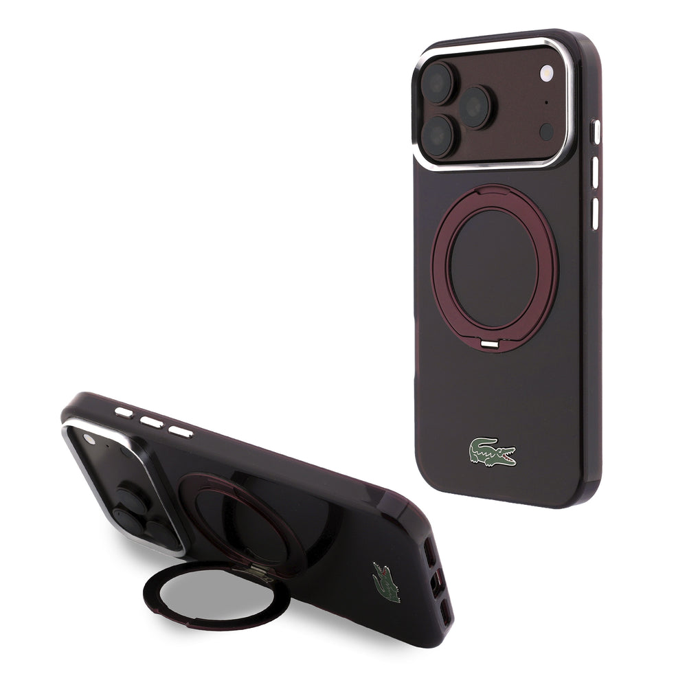 Donkerrood Lacoste telefoonhoesje met ringstandaard als horizontale en verticale telefoonsteun