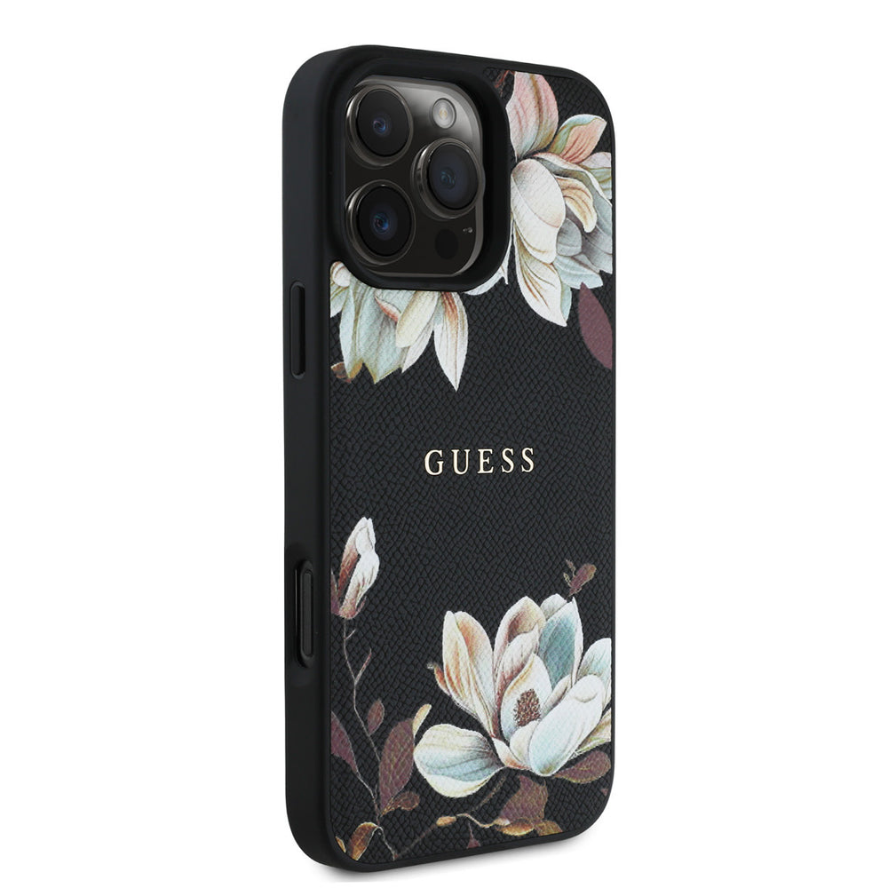 Zwart Guess telefoonhoesje met witte bloemen en klassiek logo, vanaf de andere zijkant