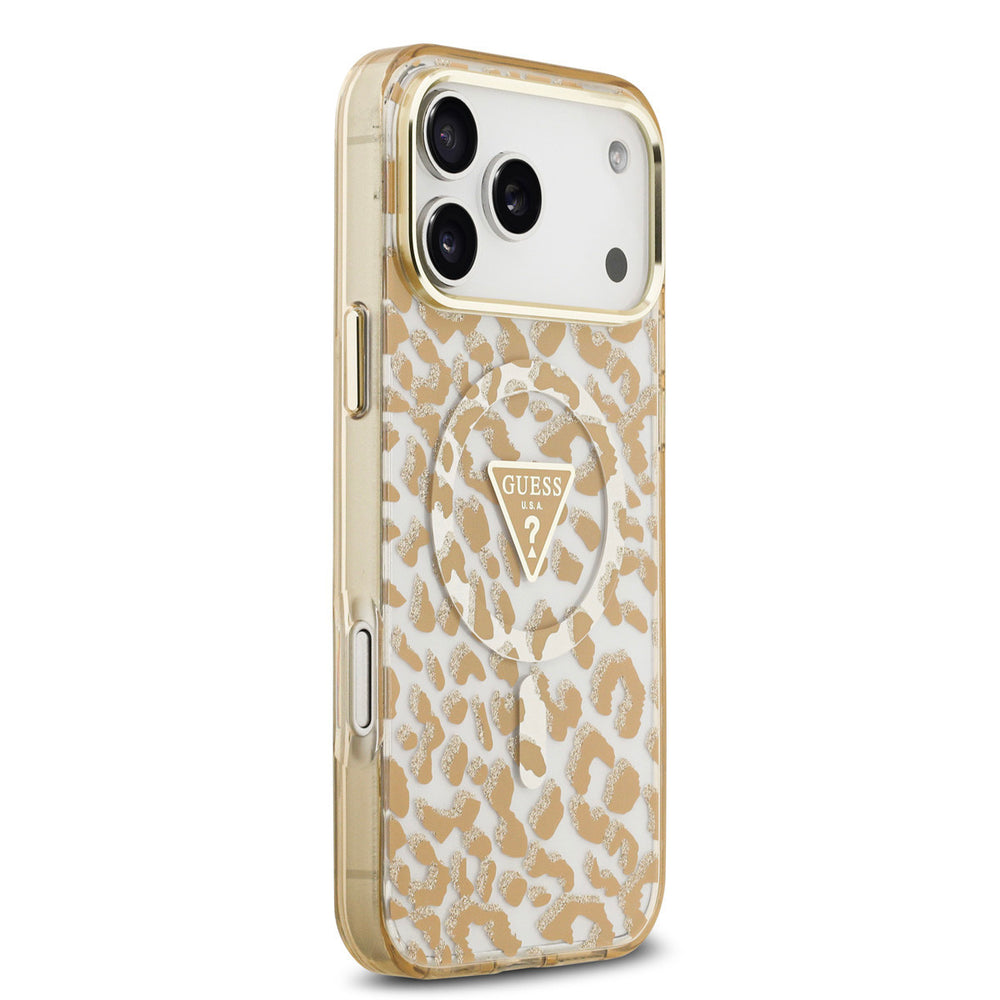 Guess telefoonhoesje met bruine luipaardprint en driehoekslogo, vanaf de andere zijkant