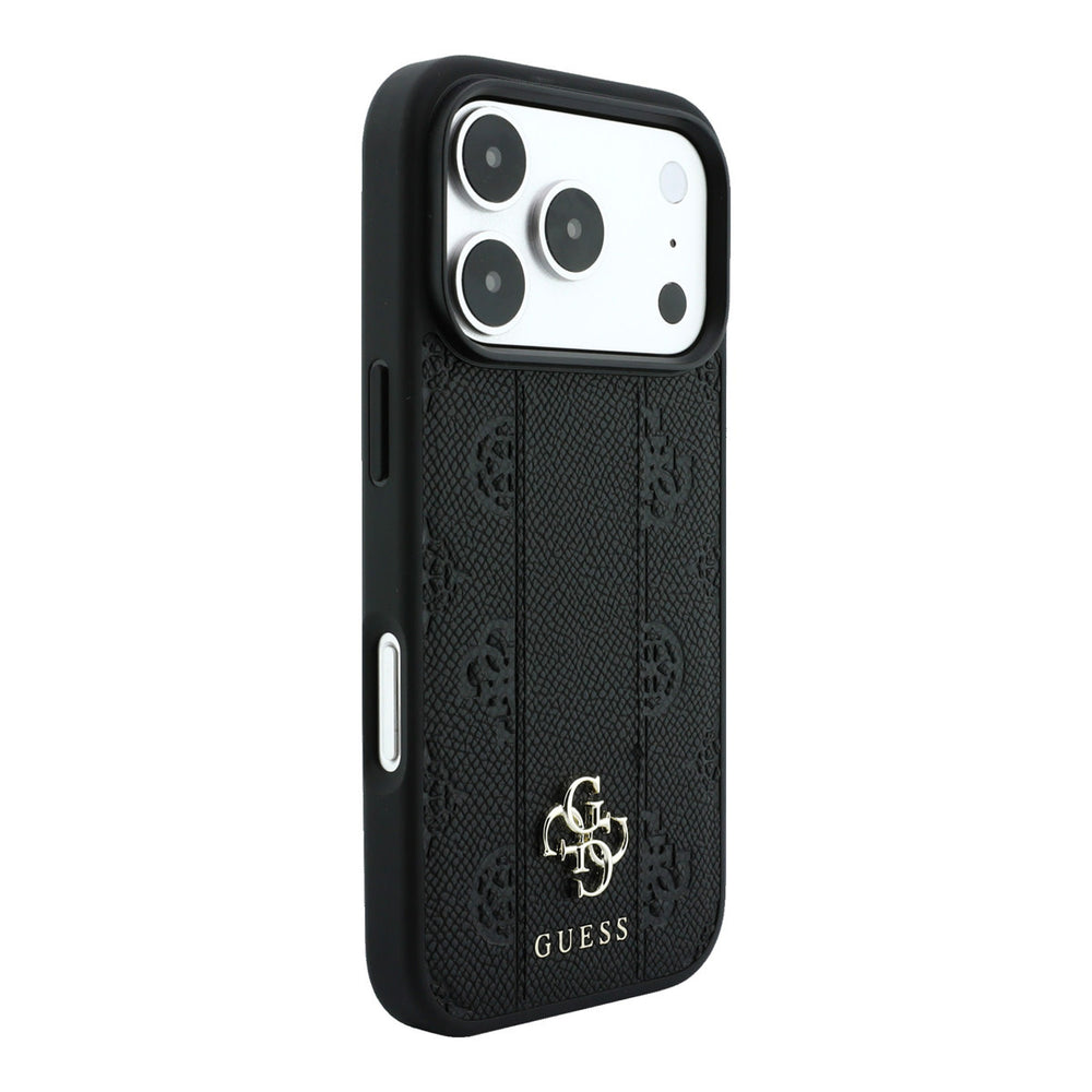 Zwart Guess telefoonhoesje met bloemenpatroon, verticale banen en 4G-logo, vanaf de andere zijkant