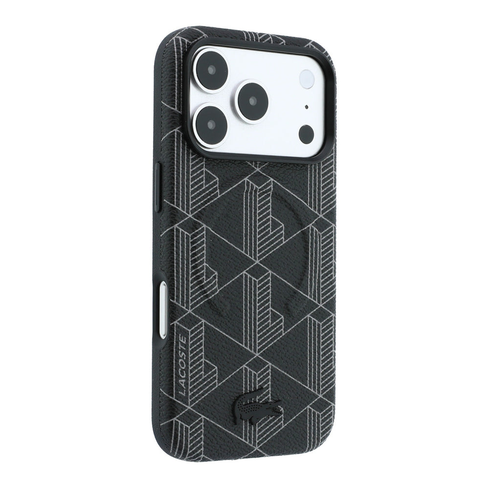 Zwart Lacoste telefoonhoesje met geometrisch patroon, vanaf de andere zijkant