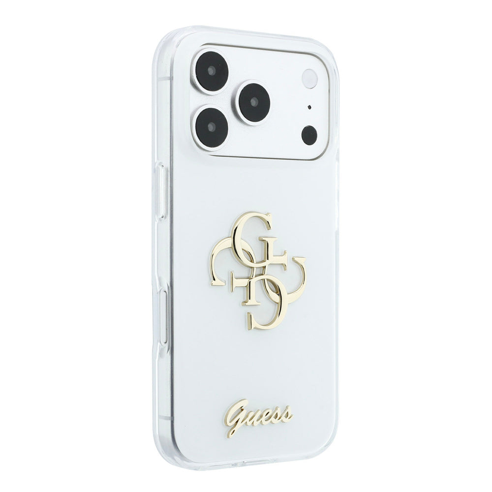 Wit Guess telefoonhoesje met groot 4G-logo en goudkleurig schriftlogo, vanaf de andere zijkant
