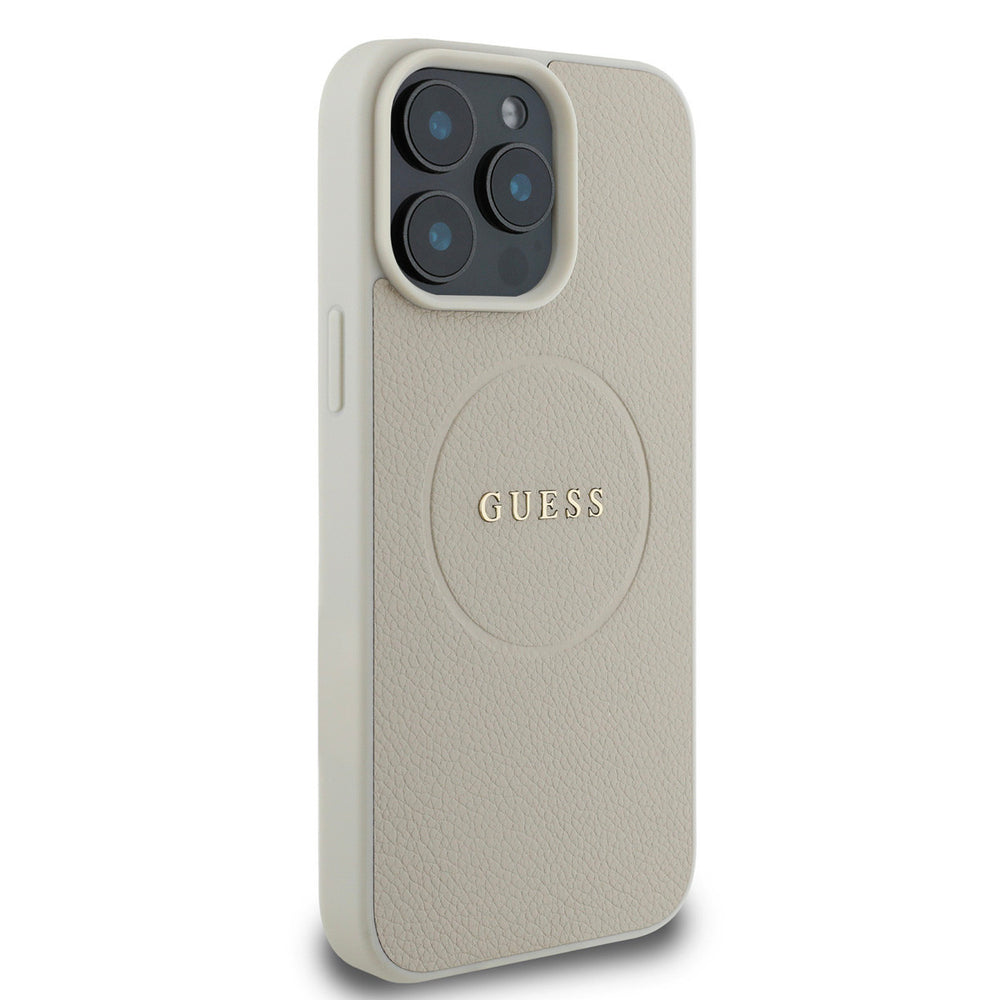 Beige Guess telefoonhoesje met rond logo en fijne structuur, vanaf de andere zijkant