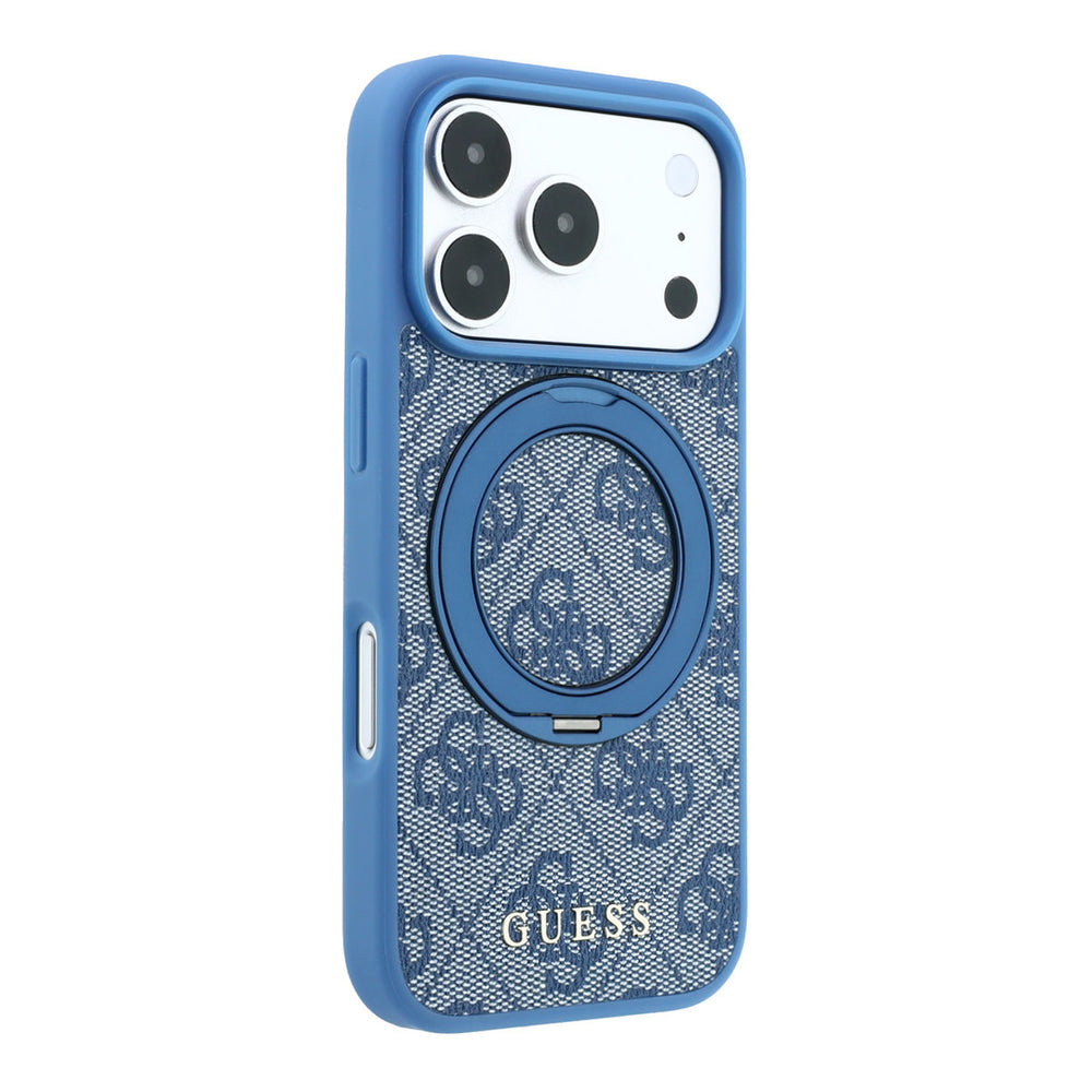 Blauw Guess telefoonhoesje met 4G-patroon met ingeklapte ringstandaard, schuin van achteren