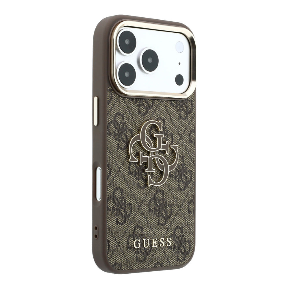 Bruin Guess telefoonhoesje met 4G-patroon en groot 4G-logo, vanaf de andere zijkant