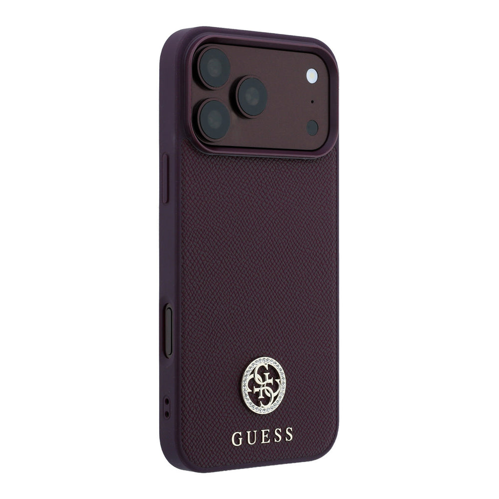 Bordeauxkleurig Guess telefoonhoesje met rond logo, vanaf de andere zijkant
