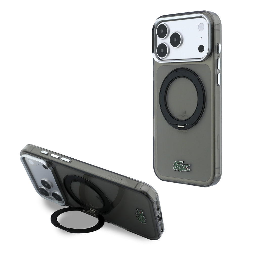 Grijs Lacoste telefoonhoesje met ringstandaard als horizontale en verticale telefoonsteun