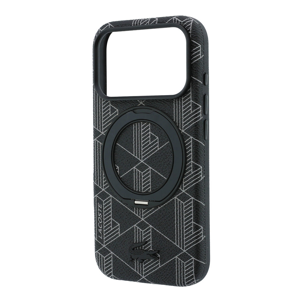 Leeg zwart Lacoste telefoonhoesje met geometrisch patroon met ingeklapte ringstandaard