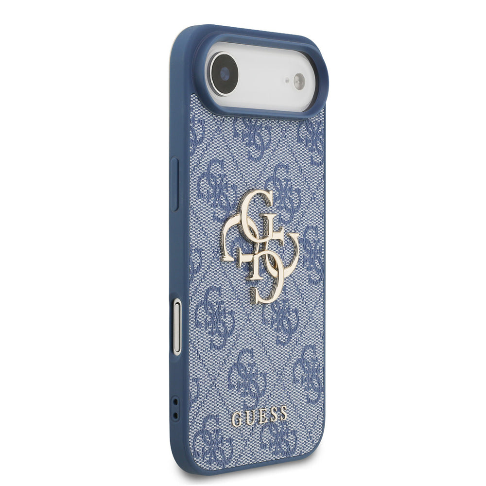 Blauw Guess telefoonhoesje met 4G-patroon en groot logo, vanaf de andere zijkant