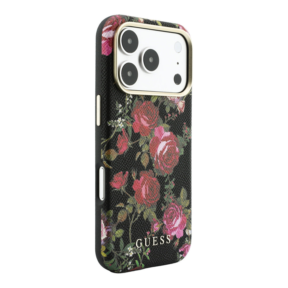Zwart Guess telefoonhoesje met rozenprint en logo, vanaf de andere zijkant