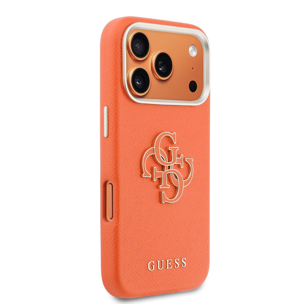 Oranje Guess telefoonhoesje met groot goudkleurig 4G-logo, vanaf de andere zijkant