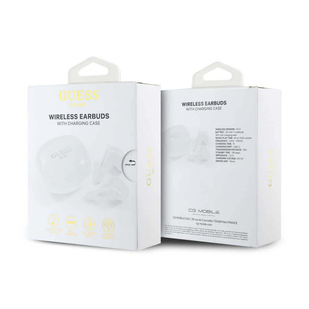 Voor- en achterkant van verpakking van witte Guess oordopjes