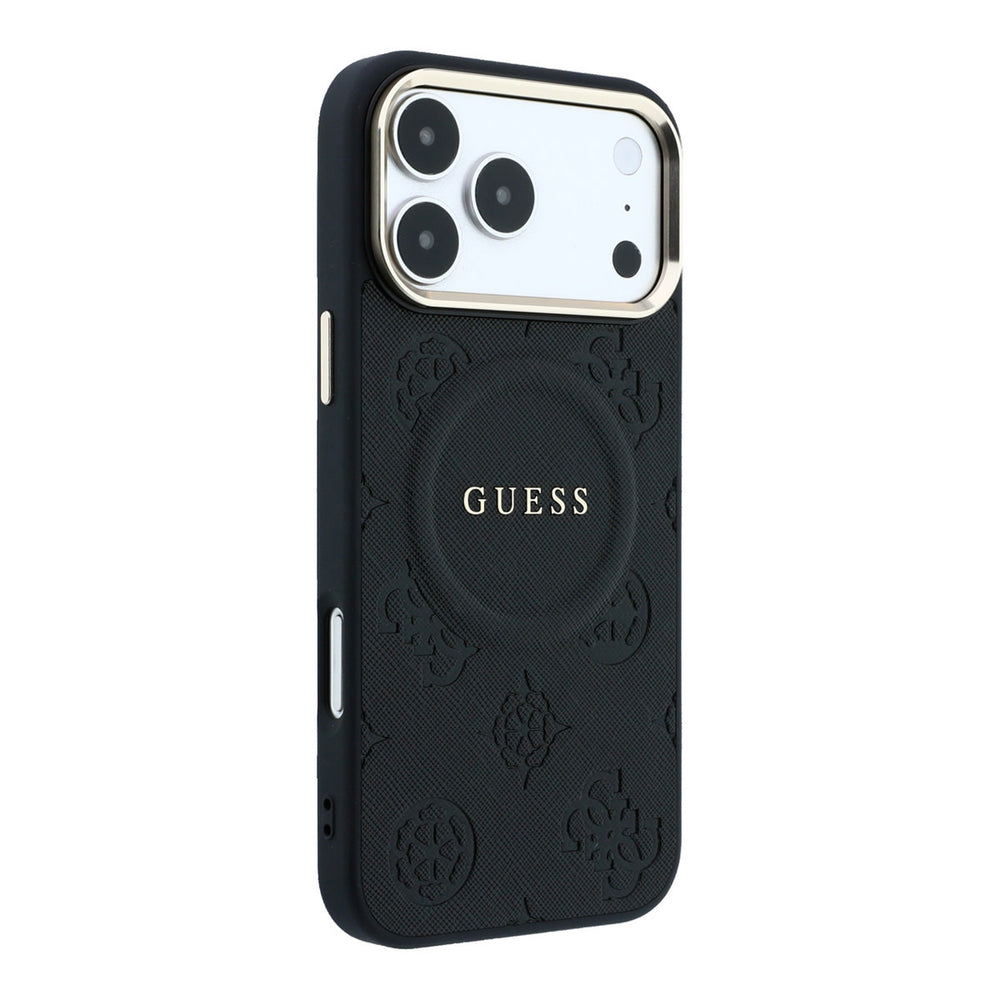 Zwart Guess telefoonhoesje met bloemenpatroon en rond logo, vanaf de andere zijkant
