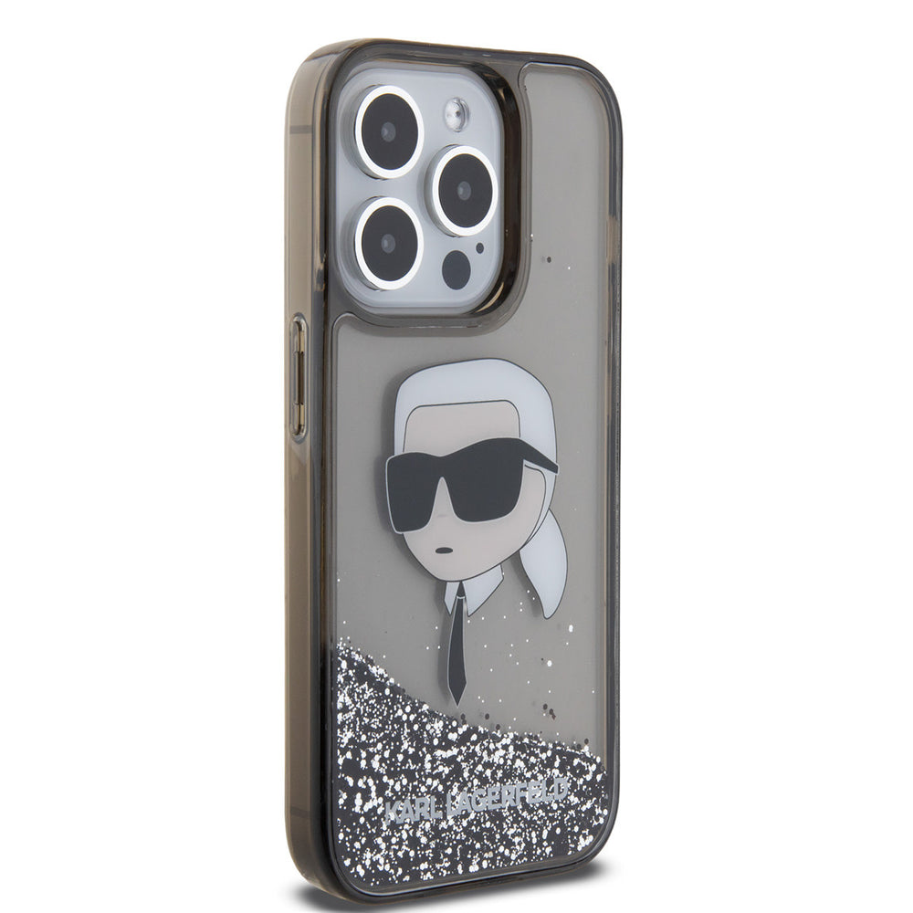 Transparant Karl Lagerfeld telefoonhoesje met zilverkleurige glitters en Karl-hoofd, vanaf de andere zijkant