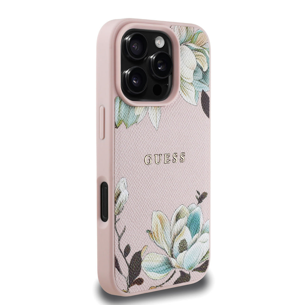 Roze Guess telefoonhoesje met witte bloemen en klassiek logo, vanaf de andere zijkant