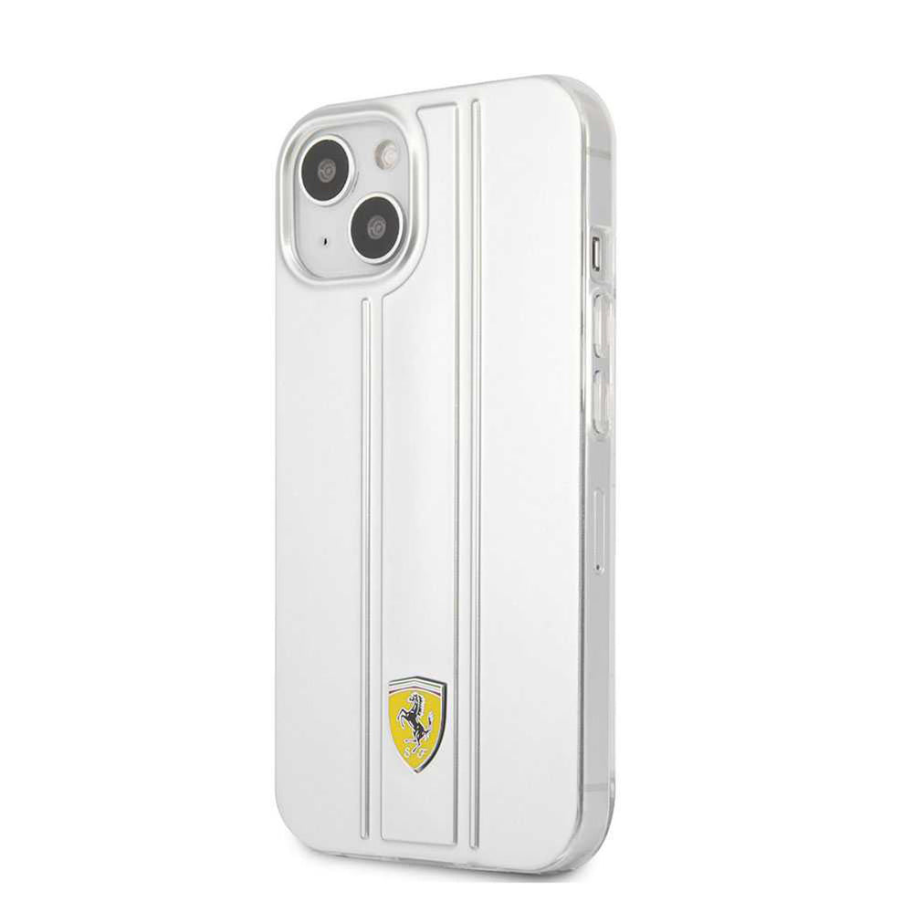 Transparant Ferrari telefoonhoesje met verticale strepen en geel schildlogo, vanaf de andere zijkant