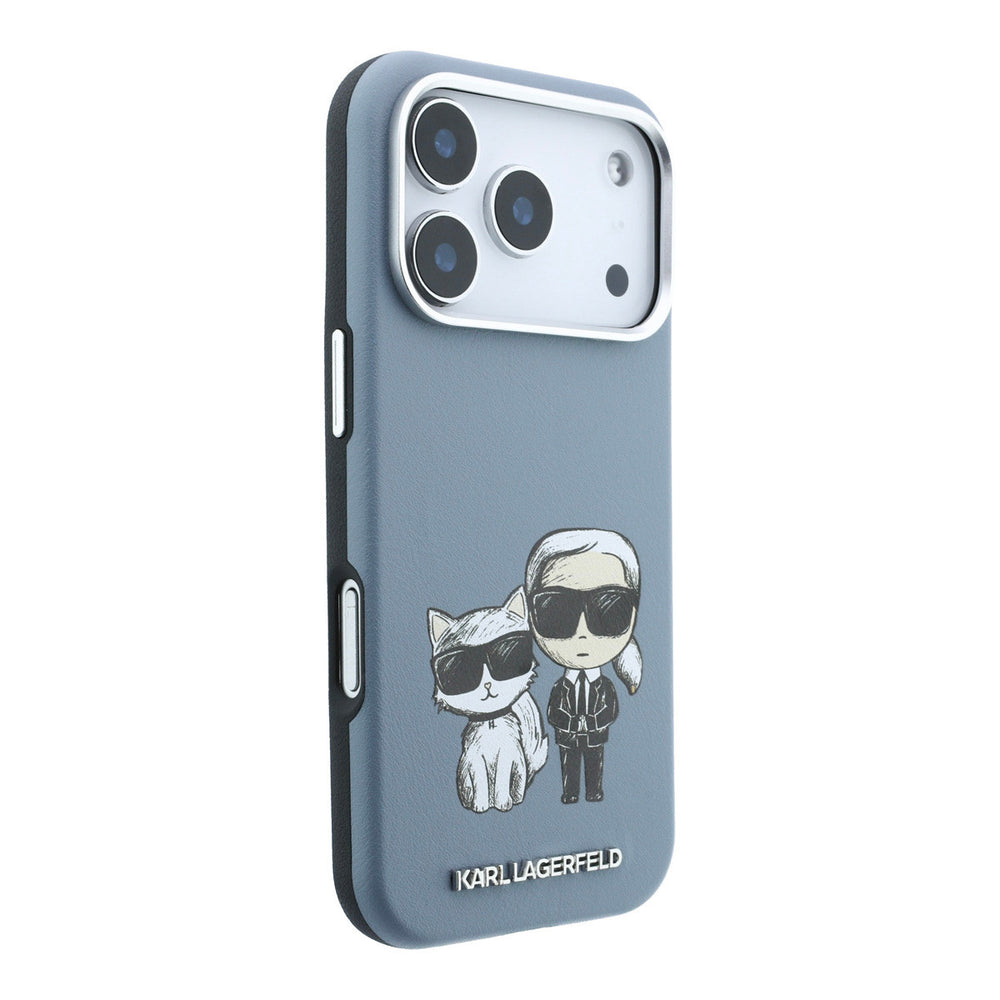 Grijsblauw Karl Lagerfeld telefoonhoesje met figuren van Karl en Choupette, vanaf de andere zijkant