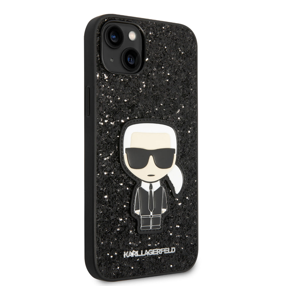 Zwart Karl Lagerfeld telefoonhoesje met glitters en Karl-figuur, vanaf de andere zijkant