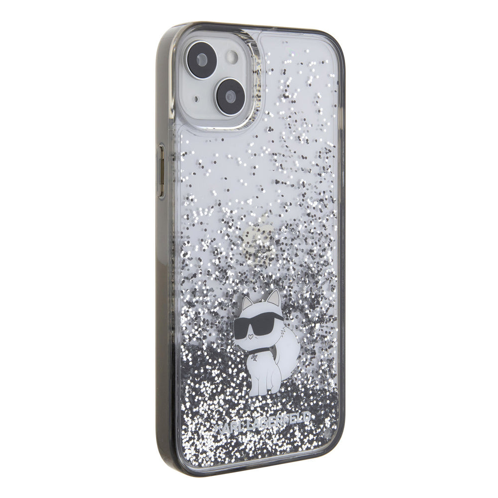 Transparant Karl Lagerfeld telefoonhoesje met zilverkleurige glitters en Choupette-kat, vanaf de andere zijkant