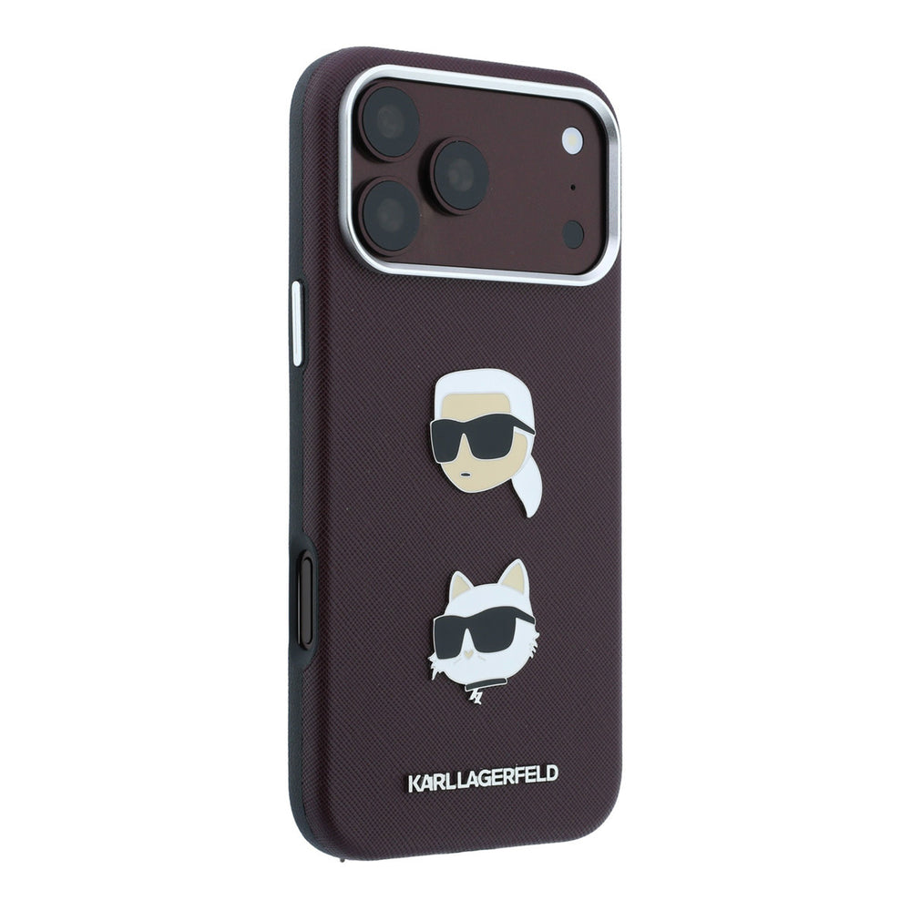 Bordeauxkleurig Karl Lagerfeld telefoonhoesje met hoofden van Karl en Choupette, vanaf de andere zijkant