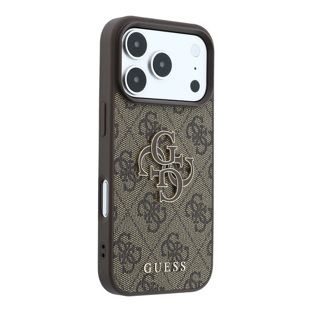 Bruin Guess telefoonhoesje met 4G-patroon en groot logo, vanaf de andere zijkant