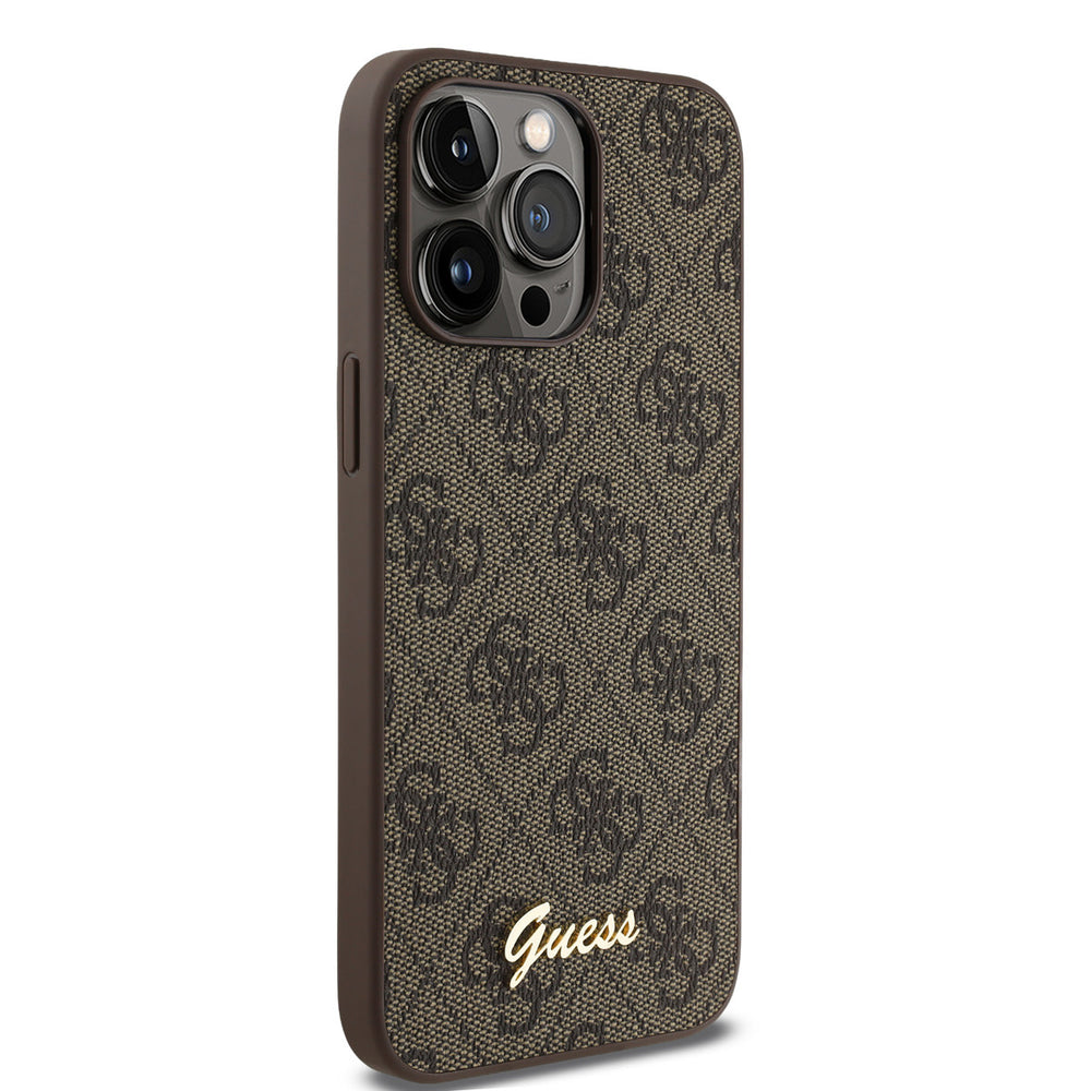 Bruin Guess telefoonhoesje met 4G-patroon en goudkleurig schriftlogo, vanaf de andere zijkant