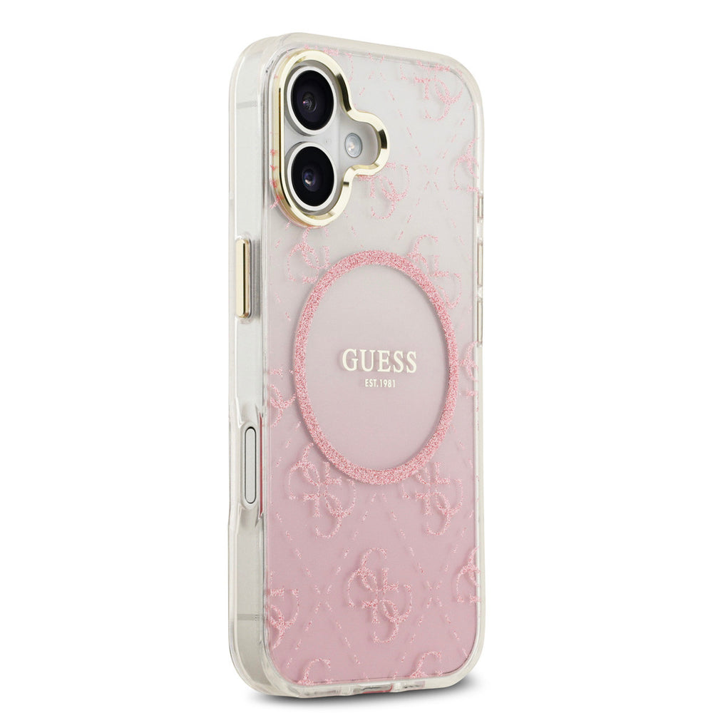 Roze Guess telefoonhoesje met kleurverloop, glitters en rond logo, vanaf de andere zijkant