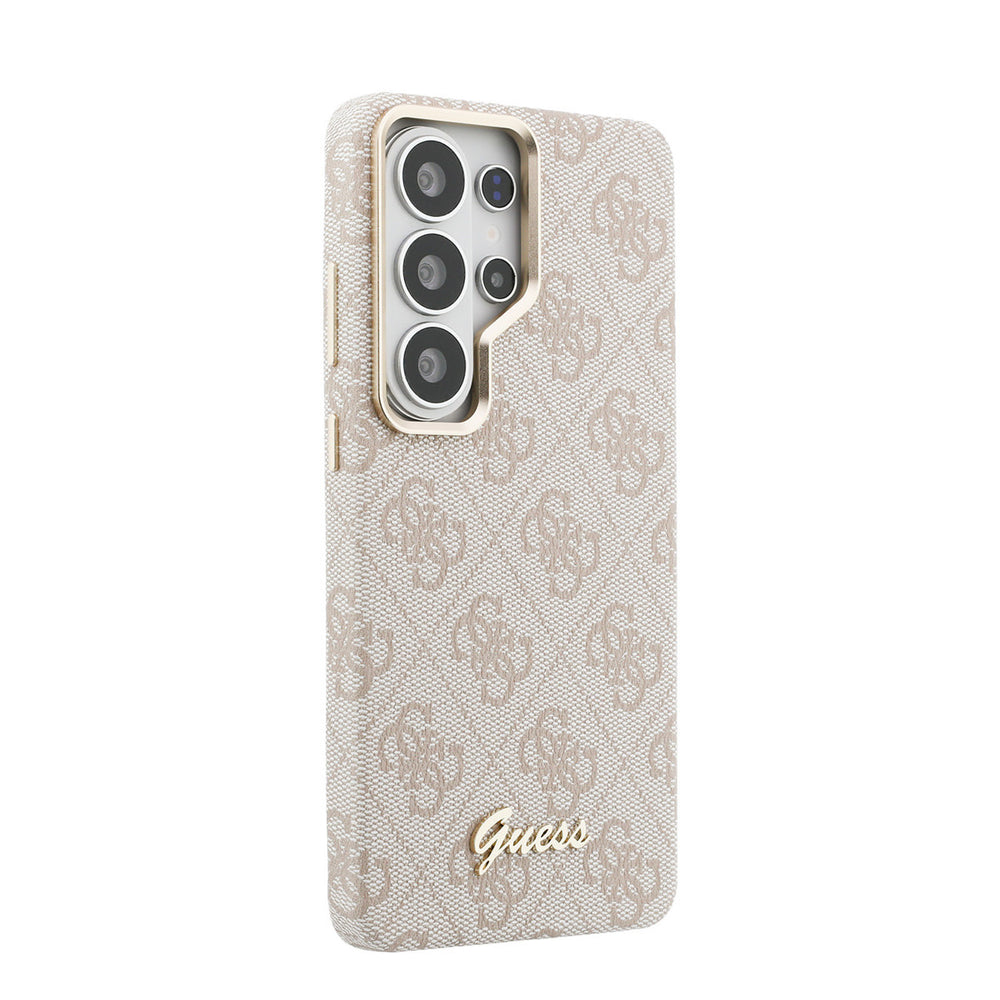 Roze Guess telefoonhoesje met 4G-patroon en goudkleurig schriftlogo, vanaf de andere zijkant