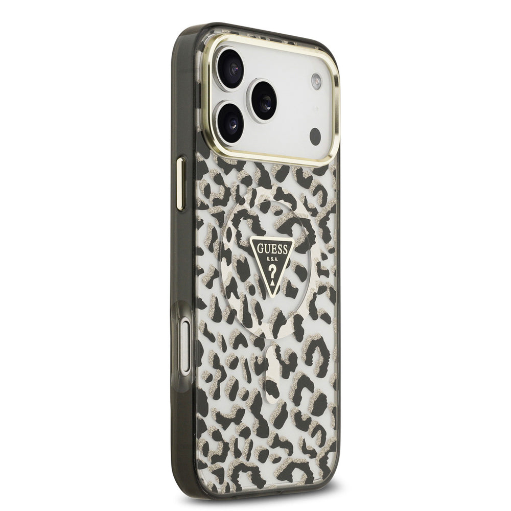 Guess telefoonhoesje met zwart-witte luipaardprint en driehoekslogo, vanaf de andere zijkant