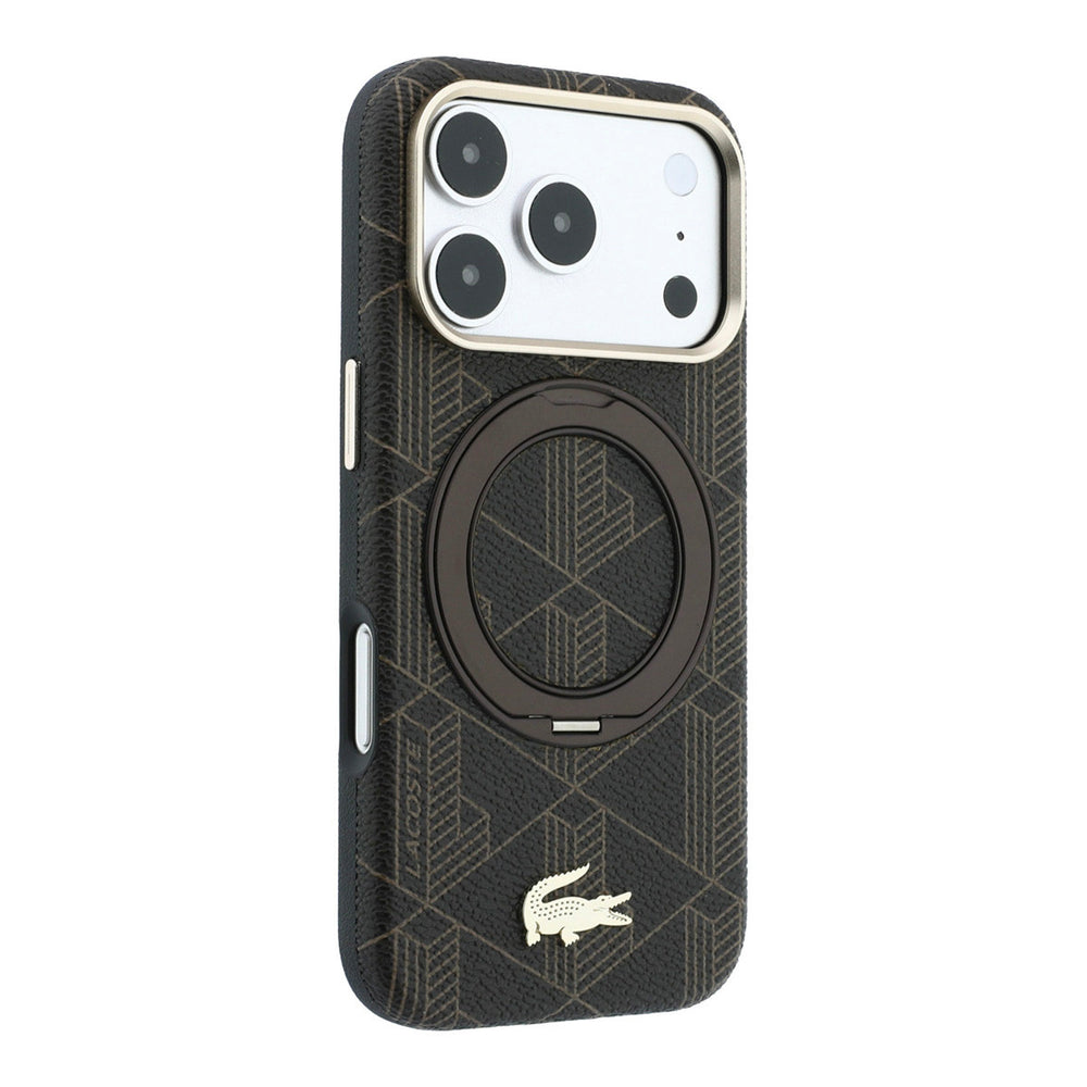 Zwart Lacoste telefoonhoesje met geometrisch patroon met ingeklapte ringstandaard, schuin van achteren