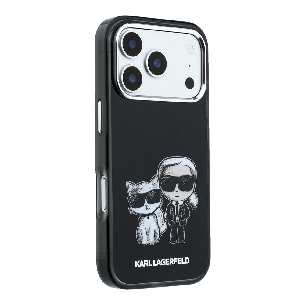 Zwart Karl Lagerfeld telefoonhoesje met figuren van Karl en Choupette, vanaf de andere zijkant