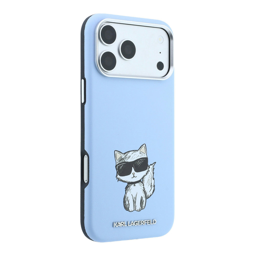 Lichtblauw Karl Lagerfeld telefoonhoesje met figuur van Choupette, vanaf de andere zijkant
