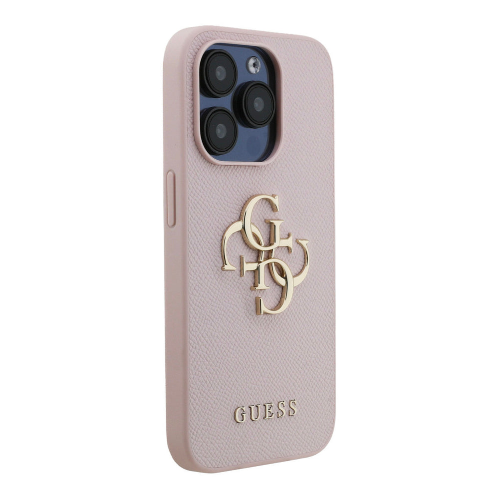 Roze Guess telefoonhoesje met groot goudkleurig 4G-logo, vanaf de andere zijkant