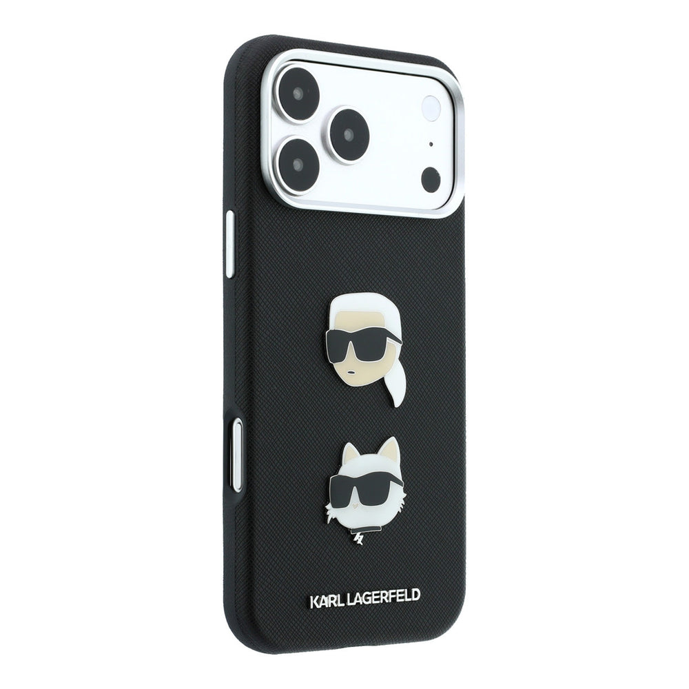 Zwart Karl Lagerfeld telefoonhoesje met hoofden van Karl en Choupette, vanaf de andere zijkant