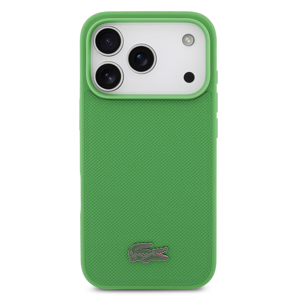 Groen Lacoste telefoonhoesje met krokodillenlogo, vanaf de andere zijkant