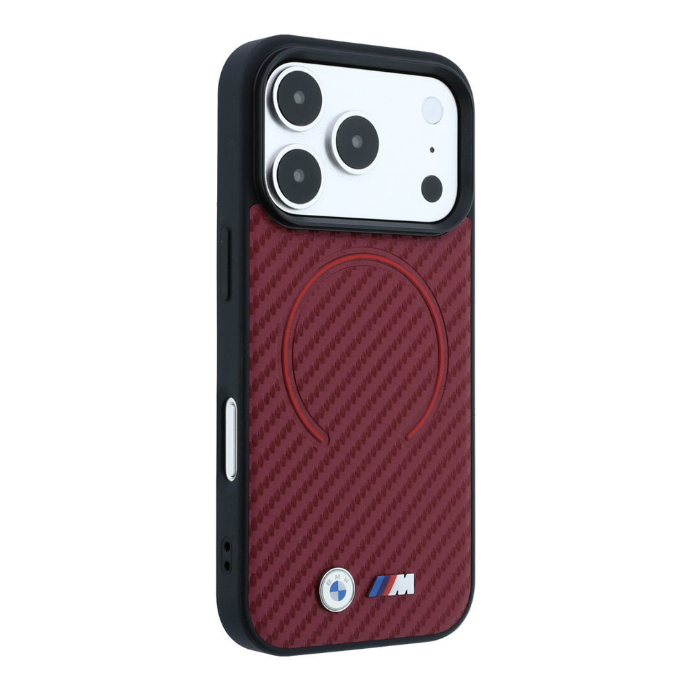Rood BMW telefoonhoesje met diagonaal patroon, ringmarkering en M-logo, vanaf de andere zijkant