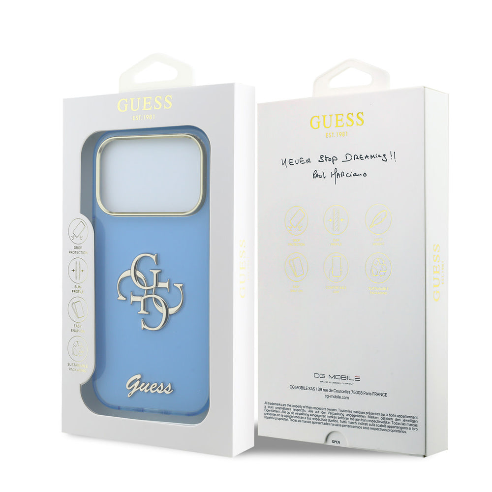 Voor- en achterkant van verpakking van lichtblauw Guess telefoonhoesje