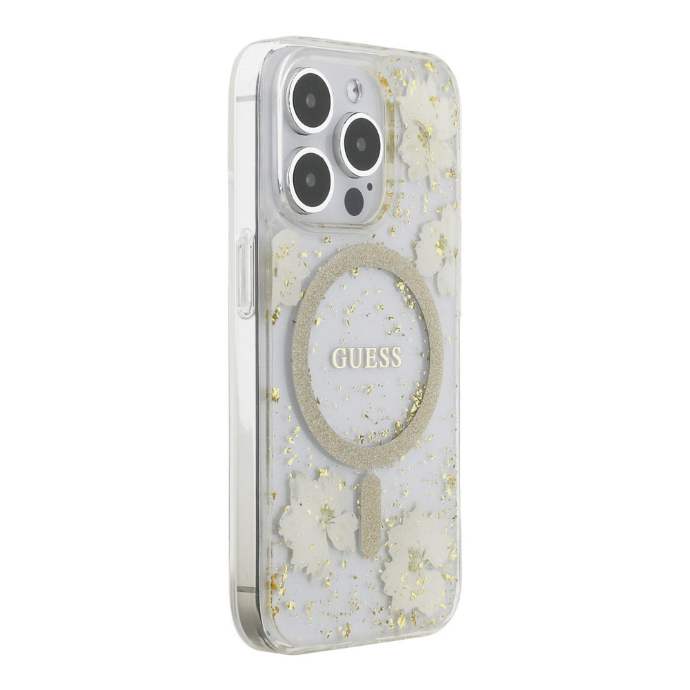Transparant Guess telefoonhoesje met lichtgekleurde bloemen, glitters en ring, vanaf de andere zijkant