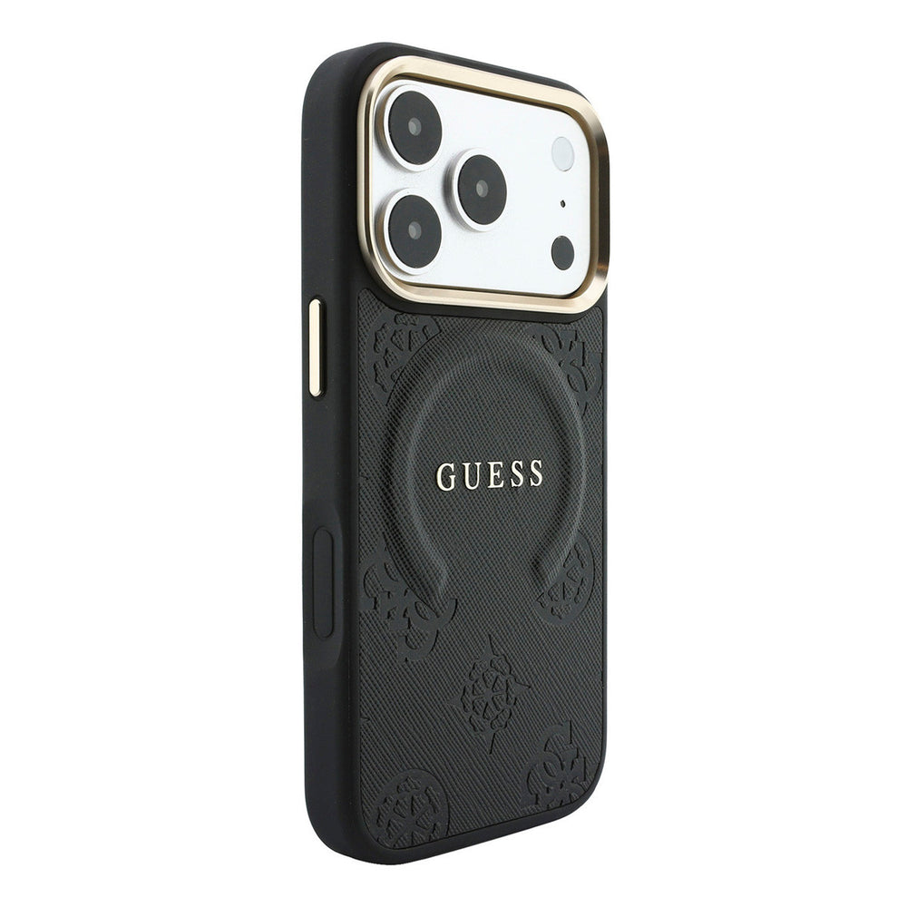 Zwart Guess telefoonhoesje met bloemenpatroon en ringstandaard, vanaf de andere zijkant