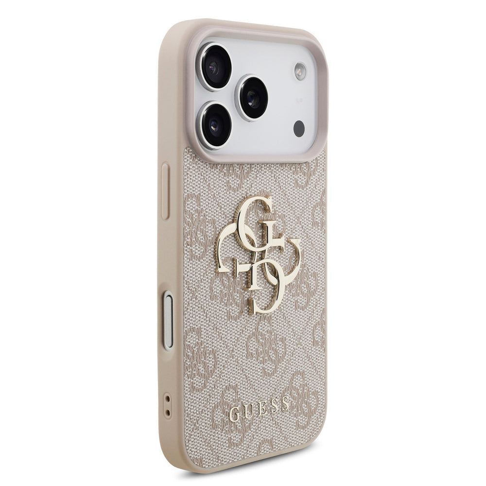 Lichtgekleurd Guess telefoonhoesje met 4G-patroon en groot goudkleurig logo, vanaf de andere zijkant