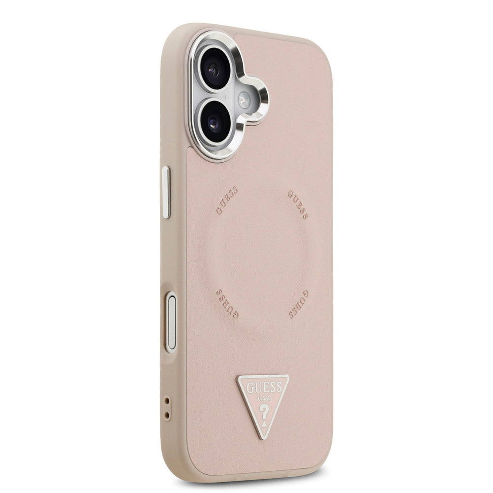Roze Guess telefoonhoesje met ringmarkering en driehoekslogo, vanaf de andere zijkant