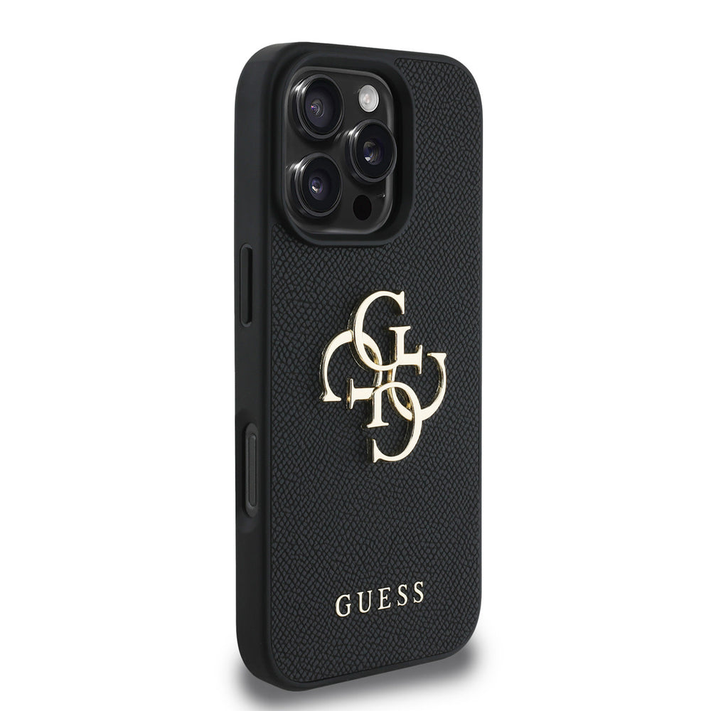 Zwart Guess telefoonhoesje met groot goudkleurig 4G-logo, vanaf de andere zijkant