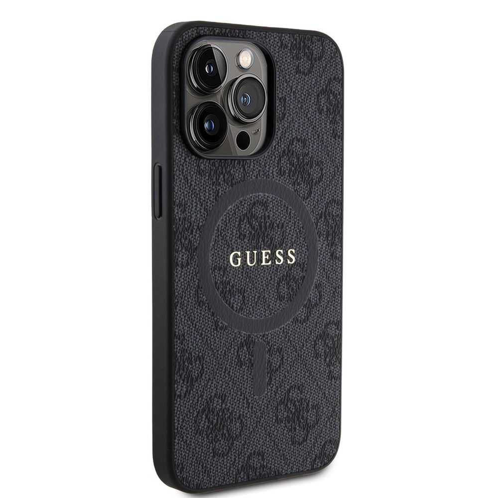 Zwart Guess telefoonhoesje met 4G-patroon en rond logo, vanaf de andere zijkant