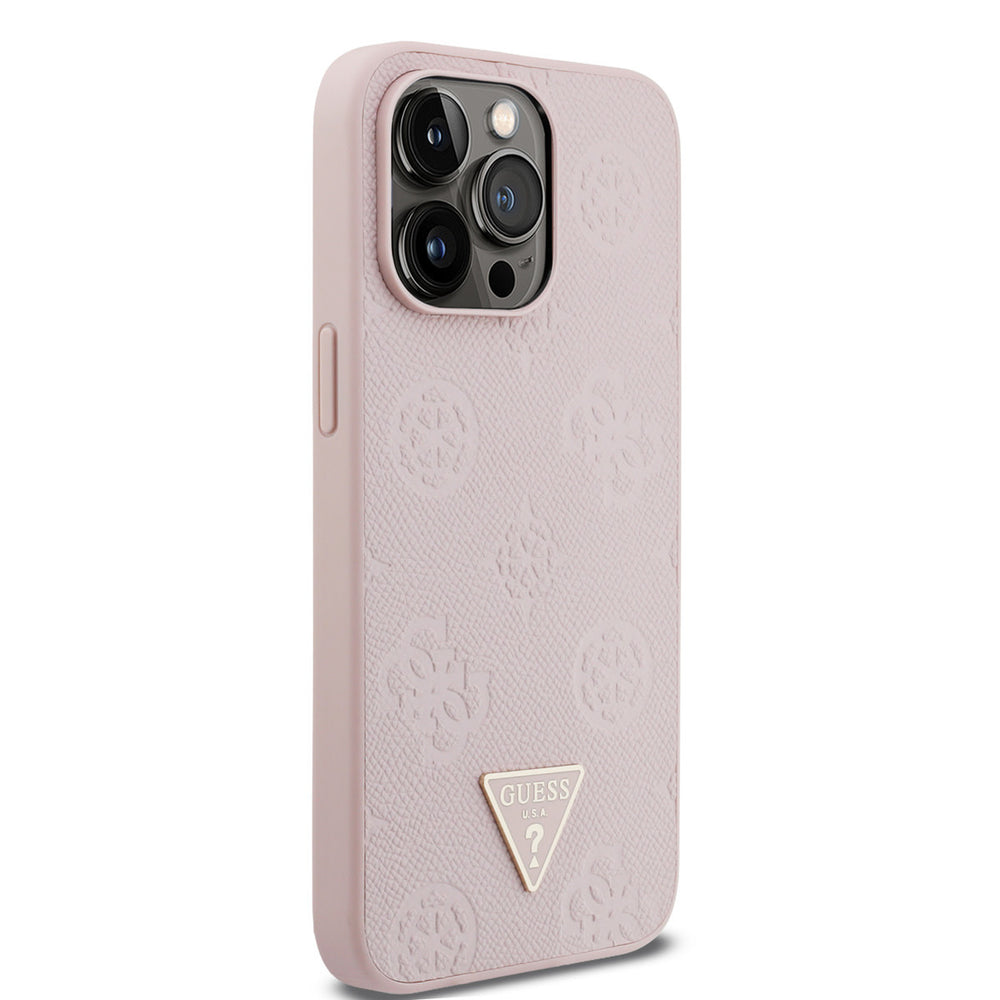 Roze Guess telefoonhoesje met bloemenpatroon en driehoekslogo, vanaf de andere zijkant