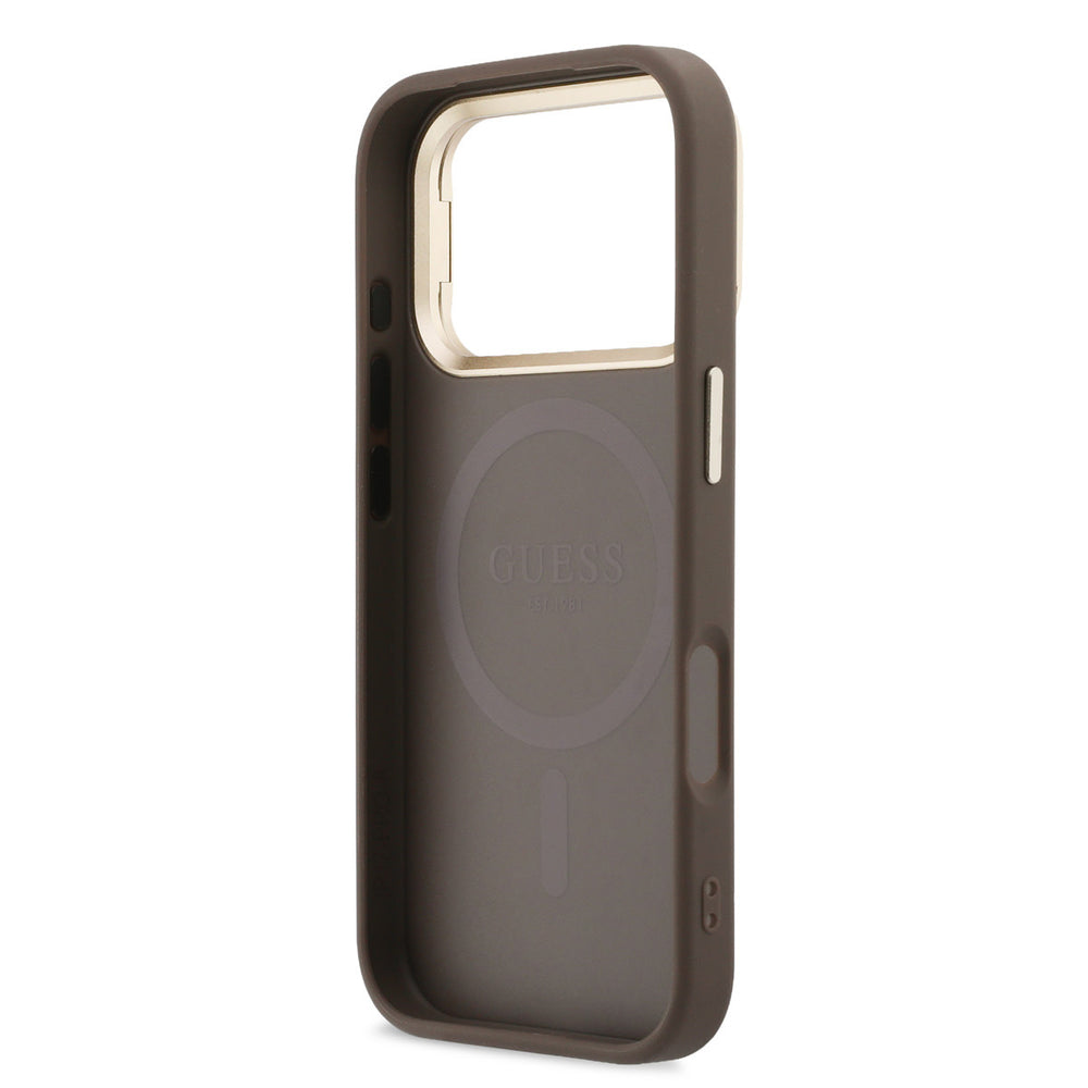 Bruin Guess telefoonhoesje met 4G-patroon en driehoekslogo, zonder telefoon met camera-uitsparing