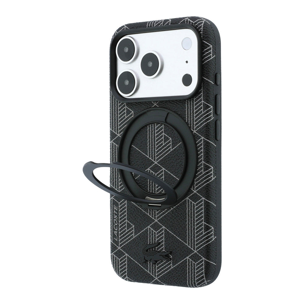 Zwart Lacoste telefoonhoesje met geometrisch patroon met uitgeklapte ringstandaard