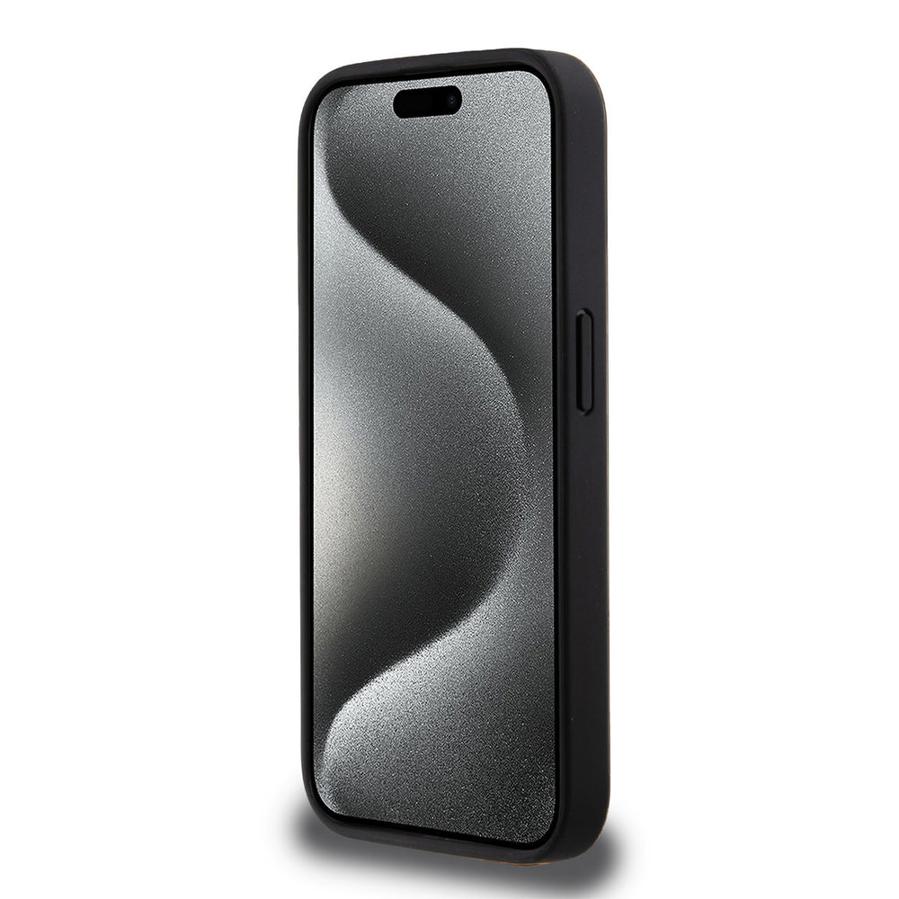Zwart Karl Lagerfeld telefoonhoesje, van voren op een telefoon