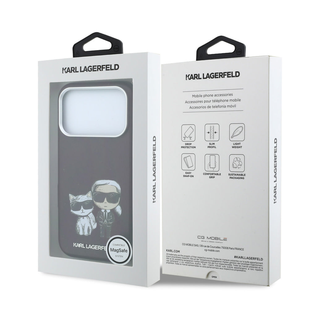 Voor- en achterkant van verpakking van bordeauxkleurig karl lagerfeld telefoonhoesje