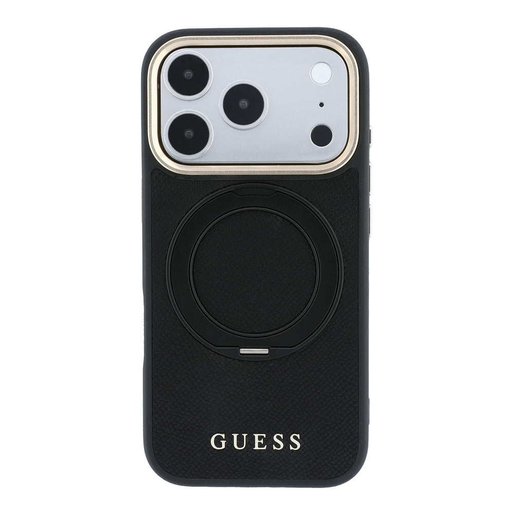 Zwart Guess telefoonhoesje met ingeklapte ringstandaard, van achteren